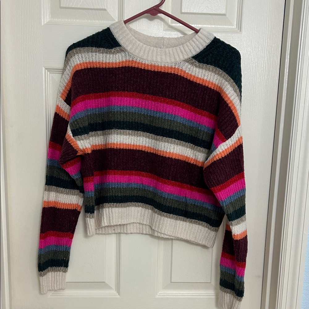 Striped Crewneck Women’s Sweater in Cream, Burgundy & Pink